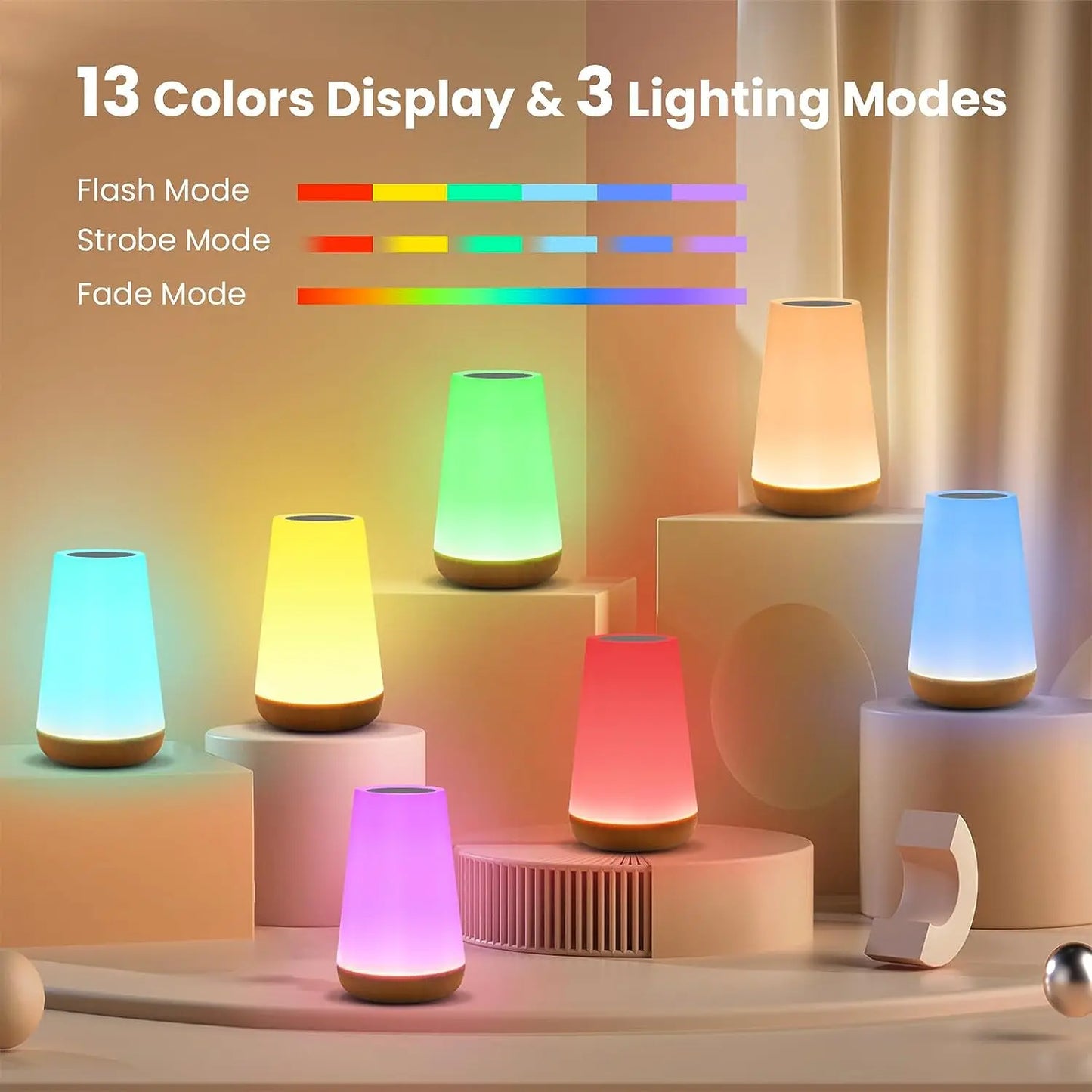 Luz Nocturna LED RGB (13 Colores) - Lámpara de Mesa Dimmable, Táctil y Recargable con Mando a Distancia