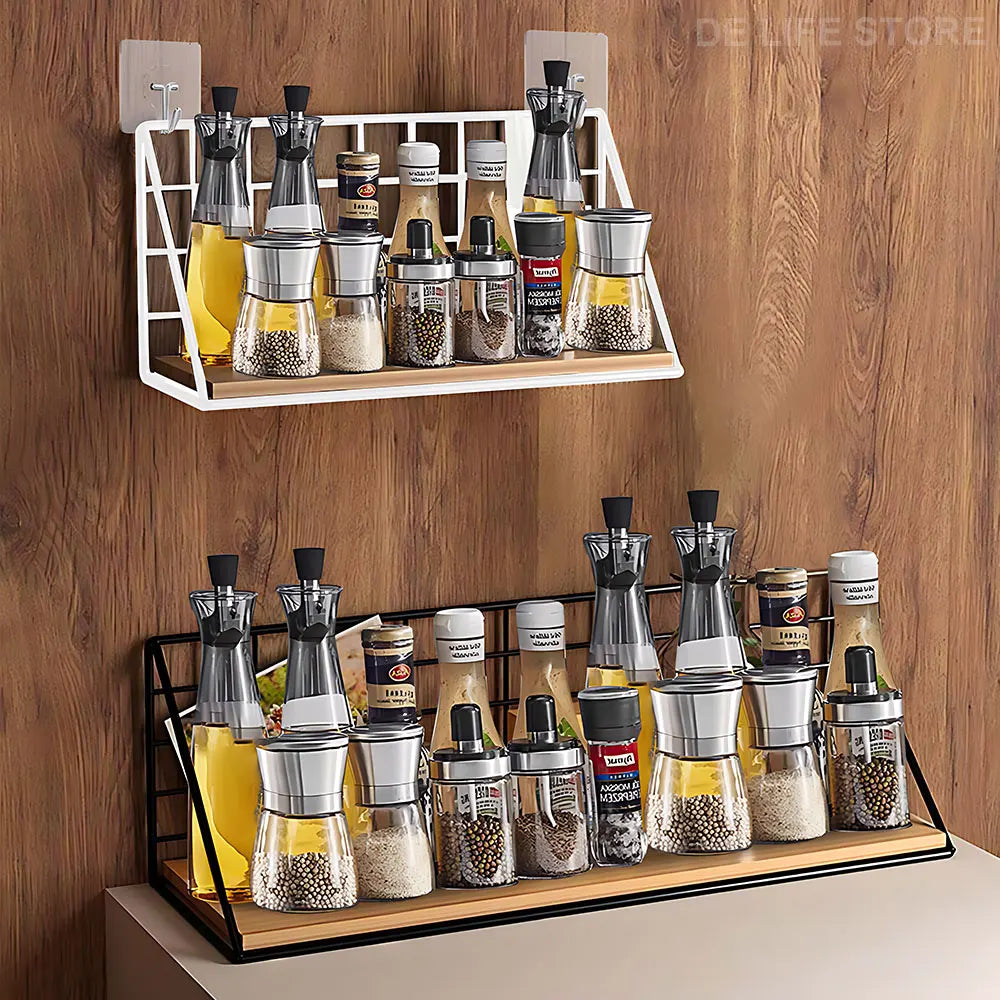 Estante Especiero de Cocina Colgable (Diseño Metal y Madera) - Organizador de Pared Multiusos con Instalación sin Taladro, Estilo Moderno y Rústico