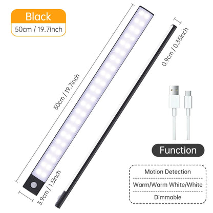 Regleta LED con Sensor de Movimiento Recargable USB | Luz Inalámbrica para Armarios, Cocina y Pasillos con 3 Tonos de Luz | Lámpara Magnética de Aluminio