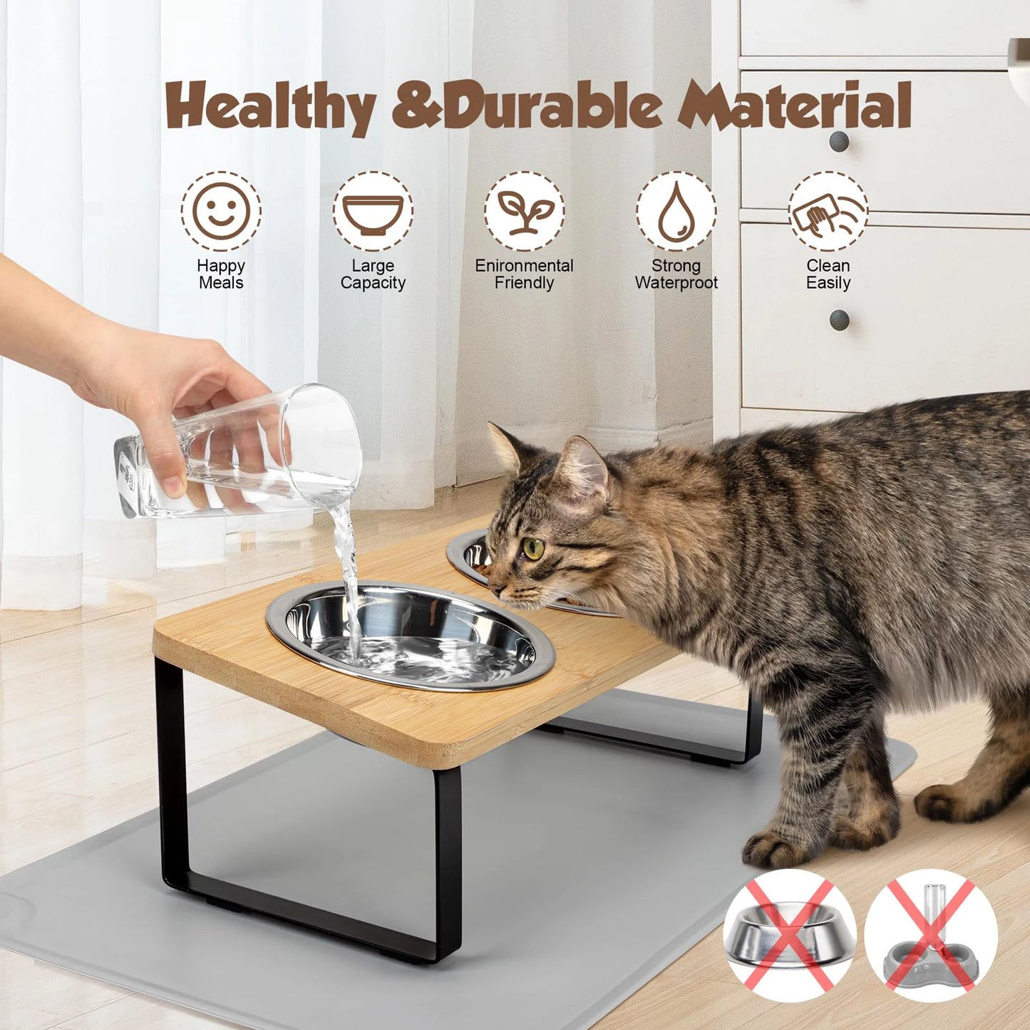 Comedero Elevado para Gatos (15° Inclinación) - Soporte de Madera con 2 Cuencos de Acero Inoxidable para Digestión y Salud Cervical
