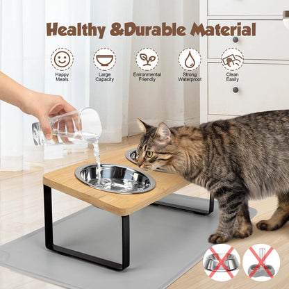 Comedero Elevado para Gatos (15° Inclinación) - Soporte de Madera con 2 Cuencos de Acero Inoxidable para Digestión y Salud Cervical
