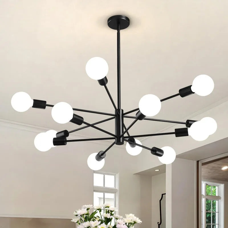 Lámpara de Techo Moderna Tipo Araña de 6 a 12 Cabezales | Lámpara Nórdica E27 para Salón y Comedor | Chandelier Industrial Negro o Dorado