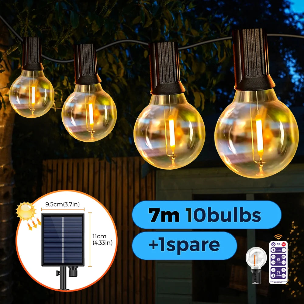 Guirnalda Solar de Luces G40 Mexllex para Exterior | 8 Modos, Control Remoto y Carga USB | Bombillas de Plástico Irrompibles e Impermeables para Jardín y Bodas