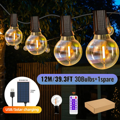 Guirnalda Solar de Luces G40 Mexllex para Exterior | 8 Modos, Control Remoto y Carga USB | Bombillas de Plástico Irrompibles e Impermeables para Jardín y Bodas