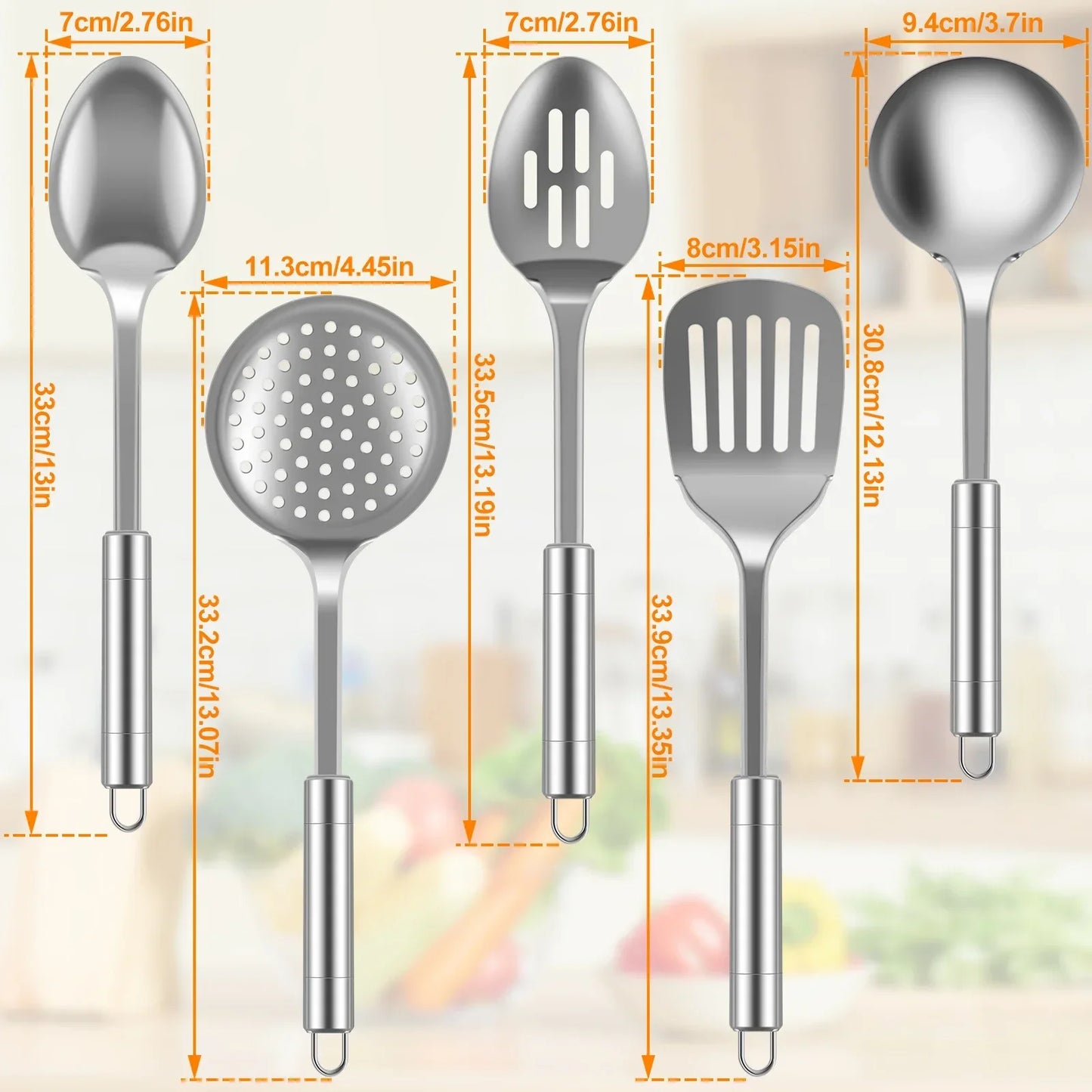 Set de 5 Utensilios de Cocina de Acero Inoxidable | Cucharas y Espátulas de Metal Resistente con Mango Ergonómico (Apto para Lavavajillas)