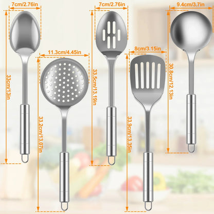 Set de 5 Utensilios de Cocina de Acero Inoxidable | Cucharas y Espátulas de Metal Resistente con Mango Ergonómico (Apto para Lavavajillas)