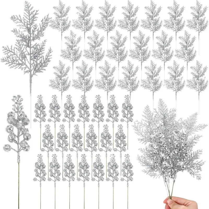 Set de 10 Bayas y Ramas Artificiales con Purpurina - Accesorios de Decoración Navideña DIY, Ramo Floral y Adornos para Árbol de Navidad
