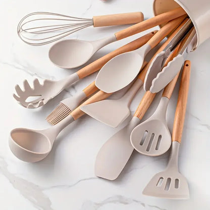 Set de 12 Utensilios de Cocina (Silicona y Mango de Madera) - Espátulas y Cucharas Antiadherentes