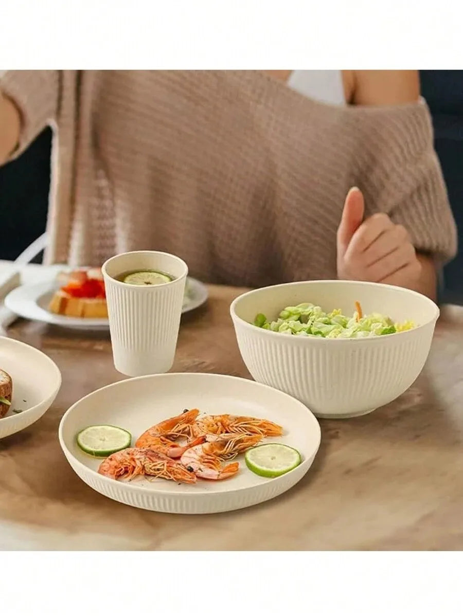 Set de Vajilla de Plástico Reutilizable (Beige) - Juego de Platos, Cuencos y Tazas para Camping y Dormitorios