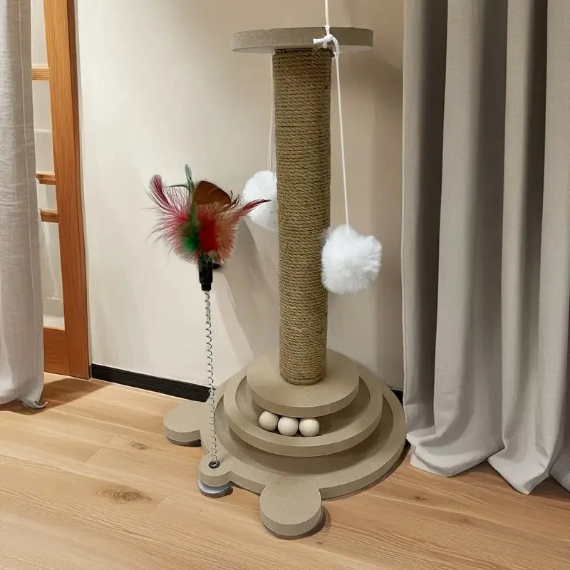 Juguete Interactivo para Gatos (Madera y Sisal) - Rascador, Plataforma Giratoria y Columna de Agarre Multifuncional