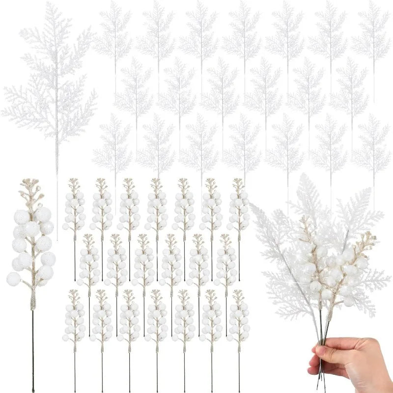 Set de 10 Bayas y Ramas Artificiales con Purpurina - Accesorios de Decoración Navideña DIY, Ramo Floral y Adornos para Árbol de Navidad