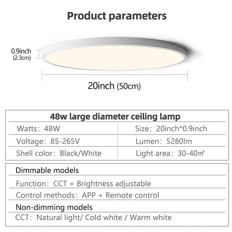 Lámpara de Techo LED Inteligente de 50cm y 48W | Control por APP y Mando a Distancia Regulable | Plafón Moderno para Dormitorio y Salón 110/220V