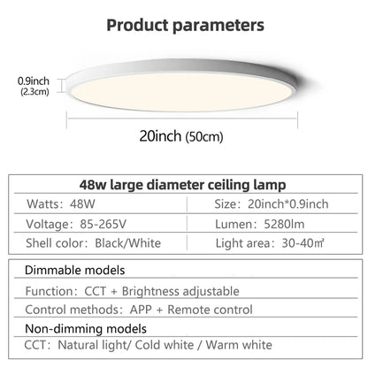 Lámpara de Techo LED Inteligente de 50cm y 48W | Control por APP y Mando a Distancia Regulable | Plafón Moderno para Dormitorio y Salón 110/220V