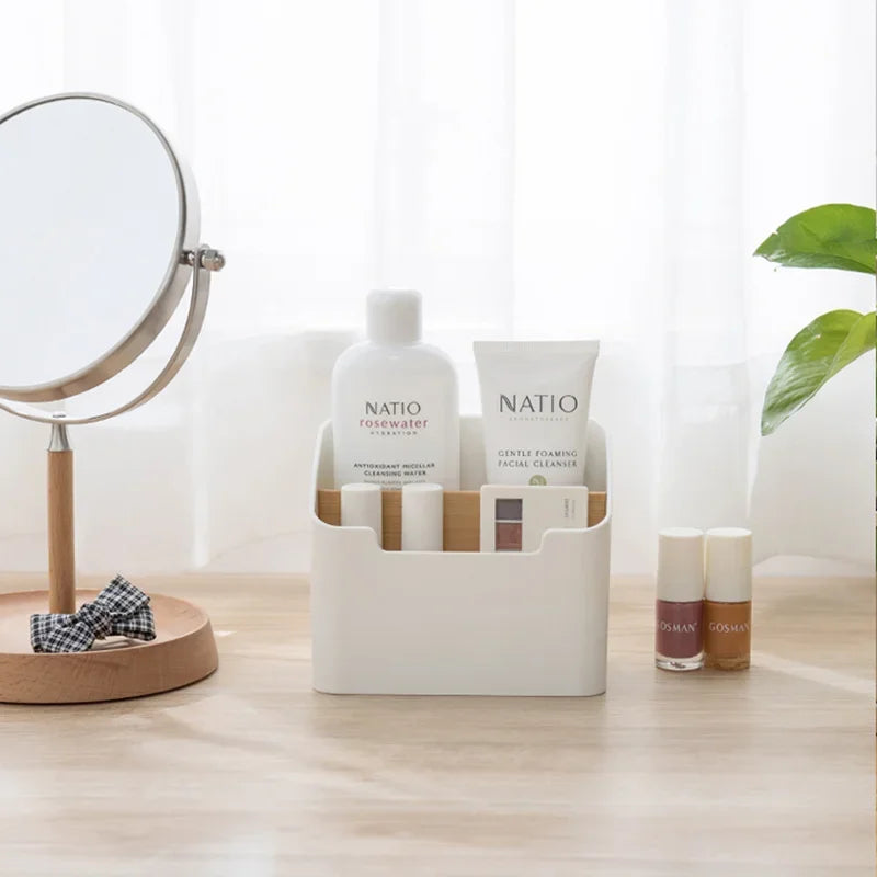 Organizador de Escritorio Multifunción (Bambú y PS) - Caja de Almacenamiento Estética para Pañuelos, Mandos y Cosméticos