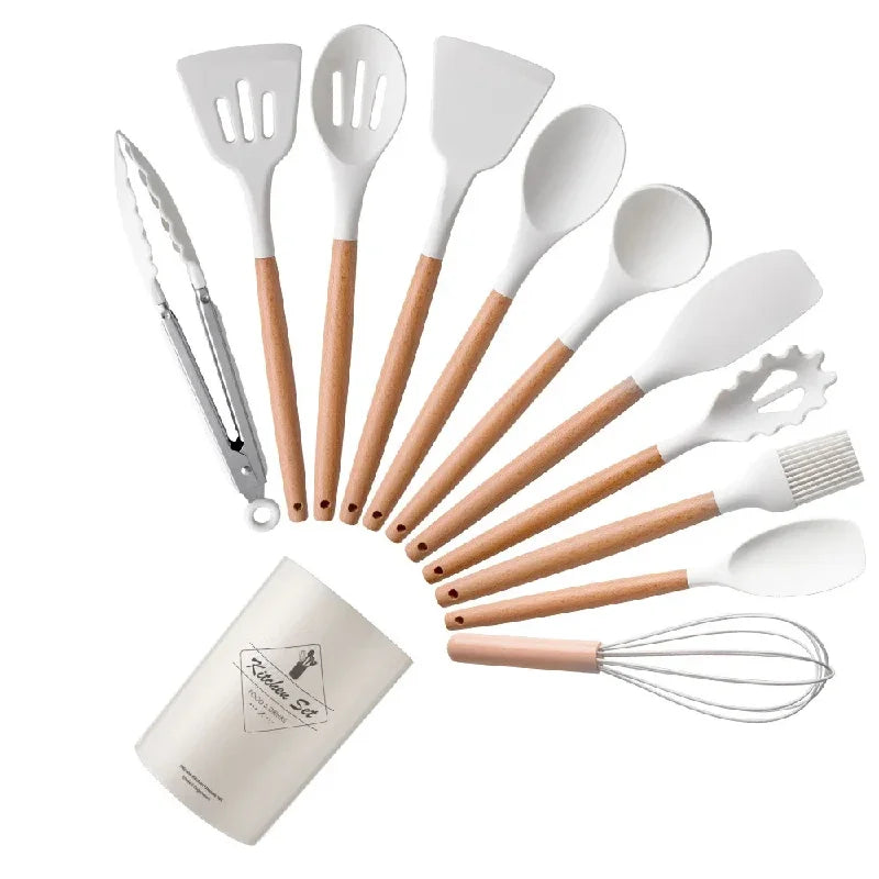 Set de 12 Utensilios de Cocina de Silicona y Madera | Espátulas y Batidores Antiadherentes con Mango de Haya Natural (Herramientas de Cocina)