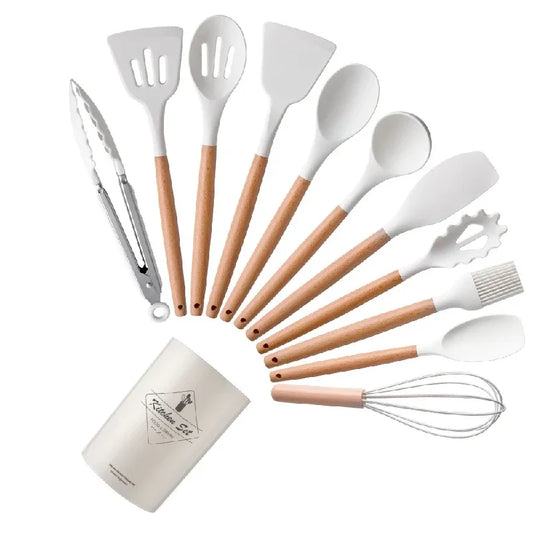 Set de 12 Utensilios de Cocina de Silicona y Madera | Espátulas y Batidores Antiadherentes con Mango de Haya Natural (Herramientas de Cocina)