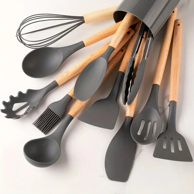 Set de 12 Utensilios de Cocina (Silicona y Mango de Madera) - Espátulas y Cucharas Antiadherentes