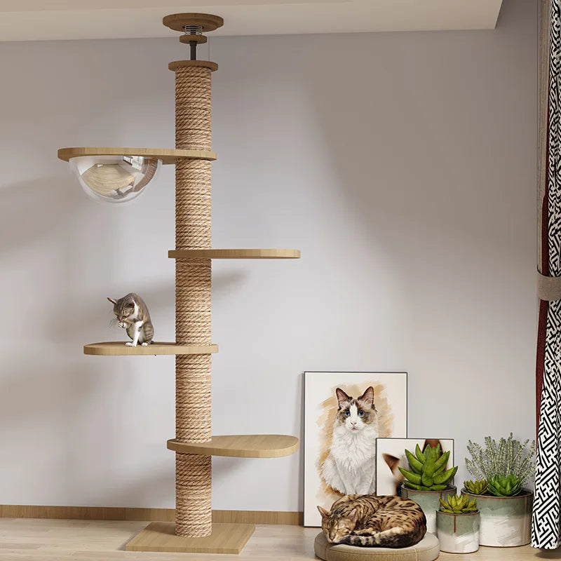 Torre Rascadora de Gatos de Suelo a Techo (Madera Natural) - Estructura Tianzhu Estable con Múltiples Plataformas y Postes de Sisal Grueso