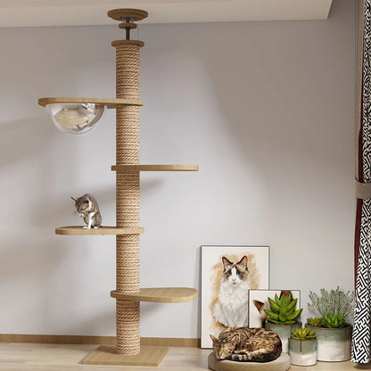 Torre Rascadora de Gatos de Suelo a Techo (Madera Natural) - Estructura Tianzhu Estable con Múltiples Plataformas y Postes de Sisal Grueso