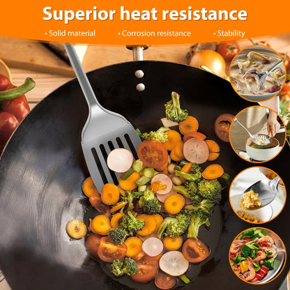 Set de 5 Utensilios de Cocina de Acero Inoxidable | Cucharas y Espátulas de Metal Resistente con Mango Ergonómico (Apto para Lavavajillas)