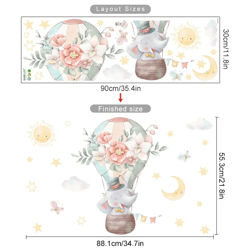 Pegatina de Pared de Vinilo Translúcido (Animales en Globo Aerostático) - Decoración Autoadhesiva y Ecológica para Habitaciones de Bebés y Niños