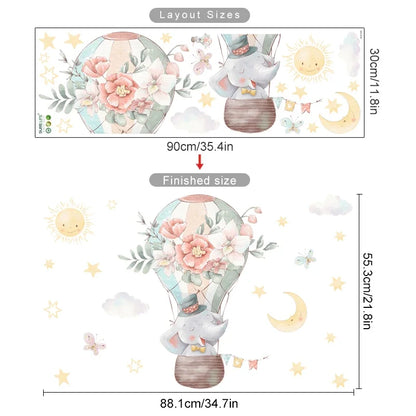 Pegatina de Pared de Vinilo Translúcido (Animales en Globo Aerostático) - Decoración Autoadhesiva y Ecológica para Habitaciones de Bebés y Niños