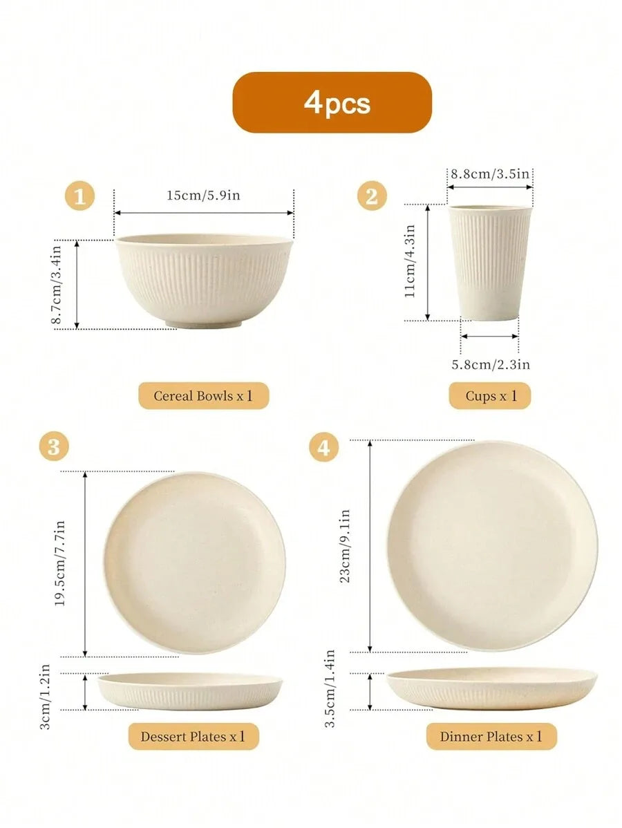 Set de Vajilla de Plástico Reutilizable (Beige) - Juego de Platos, Cuencos y Tazas para Camping y Dormitorios