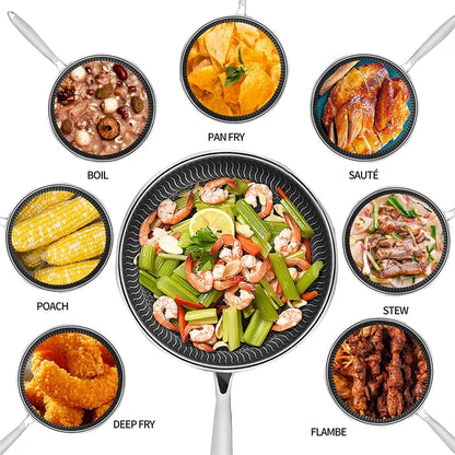 Sartén de Acero Inoxidable Antiadherente con Tapa | Tecnología de Panal para Filetes y Pescados | Compatible con Inducción, Gas y Vitrocerámica